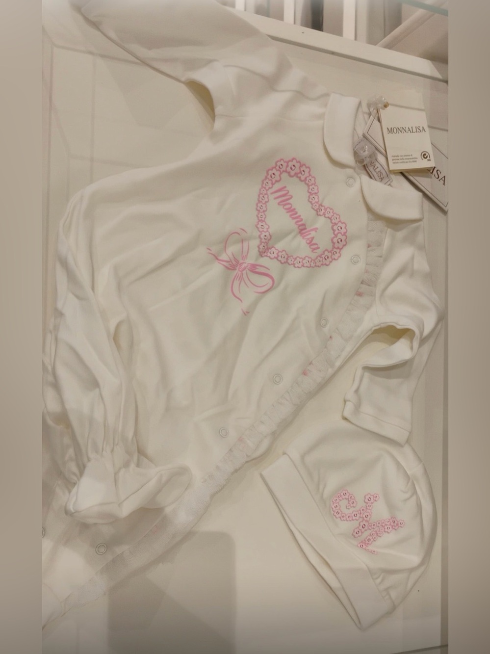 MonnaLisa White One-Piece Footie with Pink Heart and Hat
